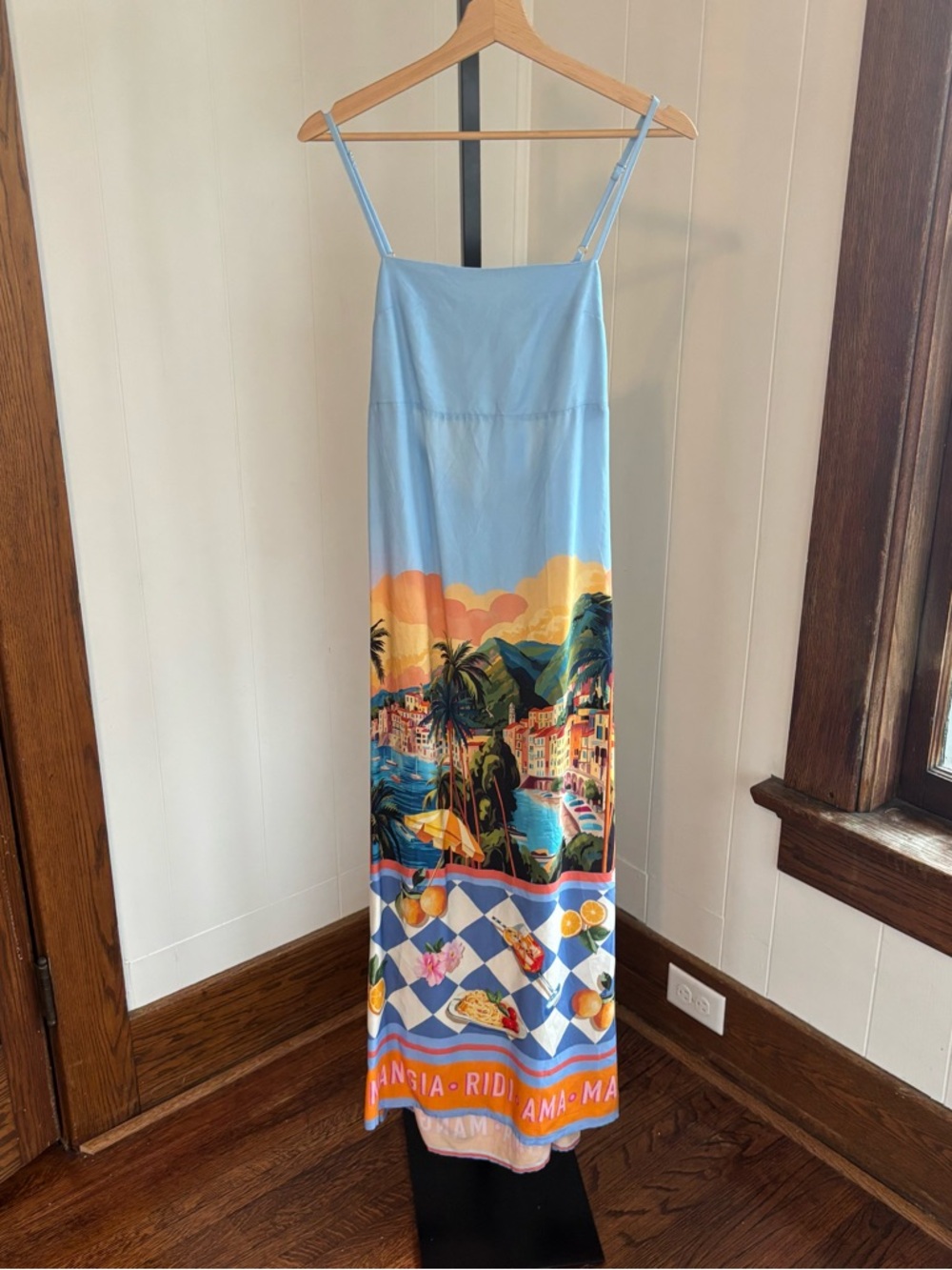 Paper Heart Tropical Palm Tree Landscape Maxi Slip Dress Tie Back Womens S NWT